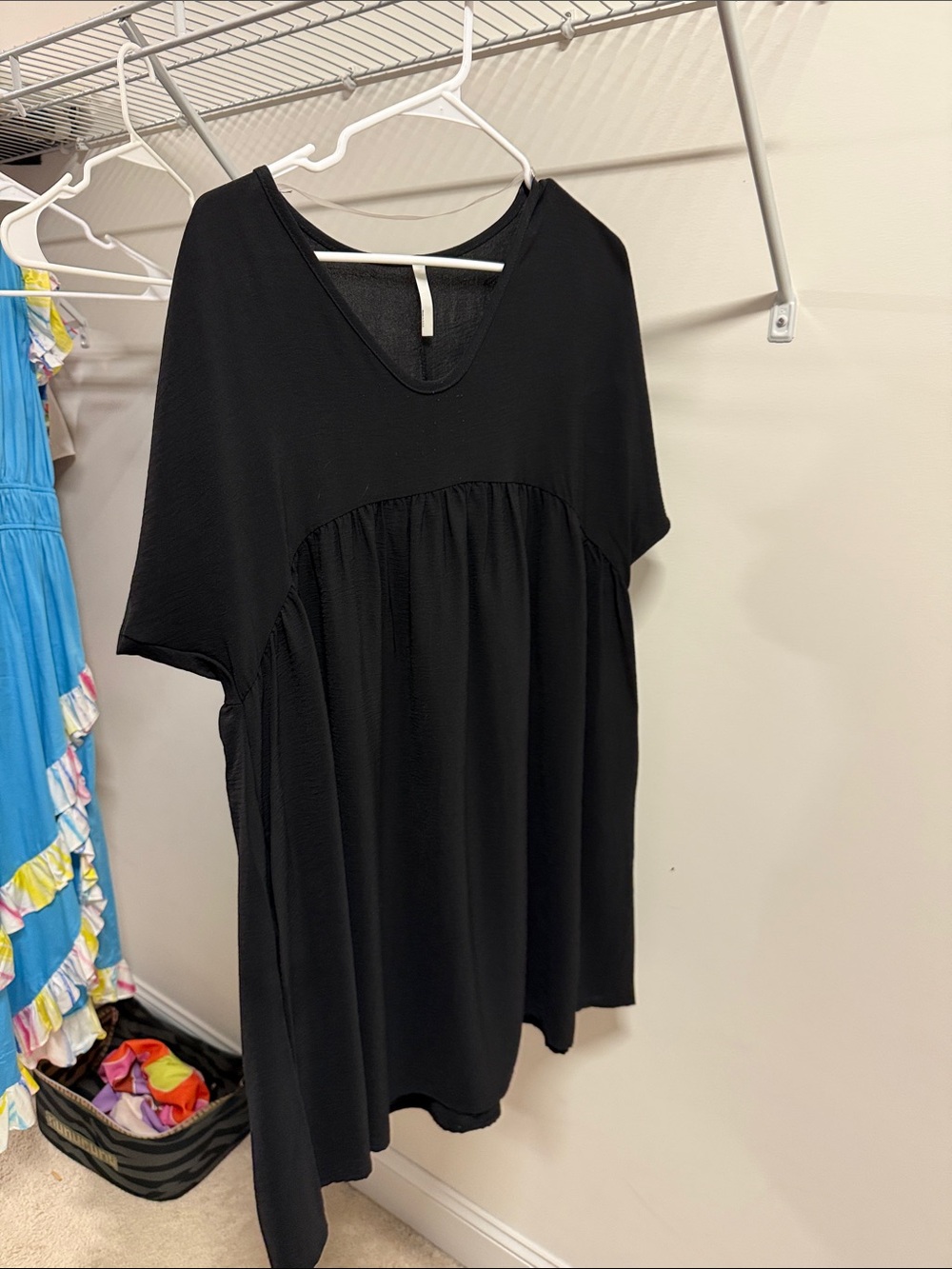 Black Gathered V-Neck Babydoll Dress